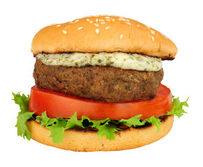 Lamb burger sandwich with fresh salad and mint yoghurt sauce isolated on a white background