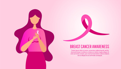Breast Cancer Awareness web banner illustration with young woman on pink background. World breast cancer day.