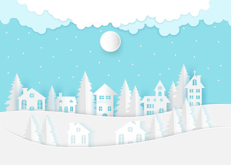winter landscape with houses and moon.Clouds and Moon on sky vector illustration.