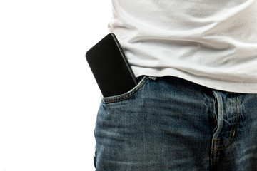 Smartphone in the front pocket of a man's jeans