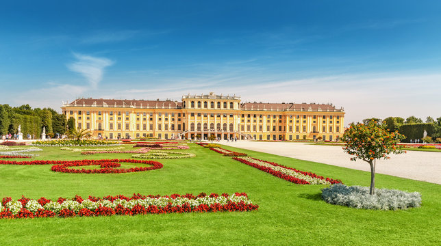 20 July 2019, Vienna, Austria: Schonbrunn Baroque palace complex and beautiful landscape gardens. One of the main tourist attractions in Vienna and Austria