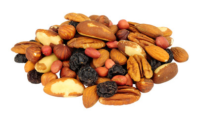 Group of mixed shelled nut kernels and raisins with Brazil nuts, peanuts, hazelnuts, almonds, pecan nuts isolated on a white background