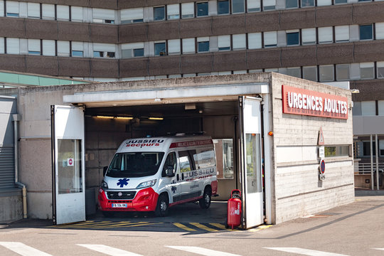 22 July 2019, Strasbourg, France: ambulance van is parked near the emergency Department in Strasbourg