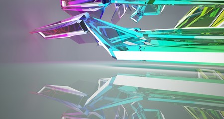 Abstract architectural white and glass gradient color interior of a minimalist house with color gradient neon lighting. 3D illustration and rendering.