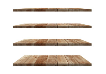 A collection of brown wooden shelves on a white background that separates the objects. There are Clipping Paths for the designs and decoration