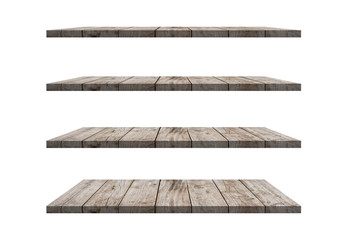 A collection of brown wooden shelves on a white background that separates the objects. There are Clipping Paths for the designs and decoration