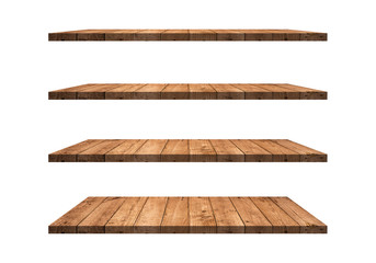 A collection of brown wooden shelves on a white background that separates the objects. There are Clipping Paths for the designs and decoration