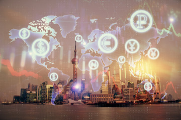 Obraz premium Forex chart on cityscape with tall buildings background multi exposure. Financial research concept.