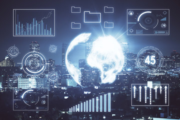 Fototapeta premium Financial graph on night city scape with tall buildings background multi exposure. Analysis concept.