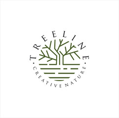Circle Tree Logo Line Design . Green Tree water Logo Linear. Garden nature Forest Logo Hipster Vintage Illustration Retro 