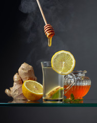 Ginger tea with lemon, mint and honey.