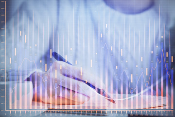 Forex chart displayed on woman's hand taking notes background. Concept of research. Multi exposure