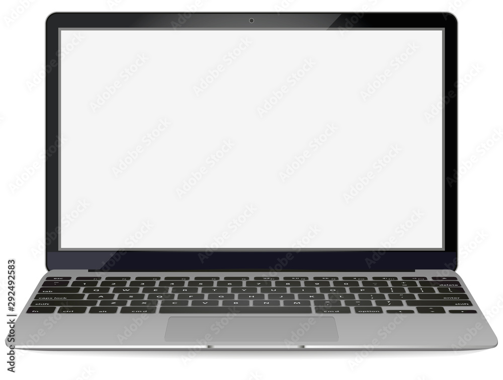 Poster mockup with blank screen - front view.Open laptop with blank screen isolated on background - vector illustration.