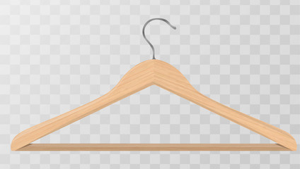 Realistic vector clothes coat wooden hanger close up isolated on transparency grid background. Design template, clipart or mockup for graphics, advertising etc - obrazy, fototapety, plakaty