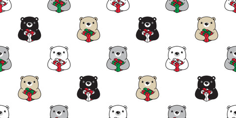 Obraz premium Bear seamless pattern Christmas vector polar bear Gift box Santa Claus hat scarf isolated cartoon repeat background tile wallpaper illustration doodle design