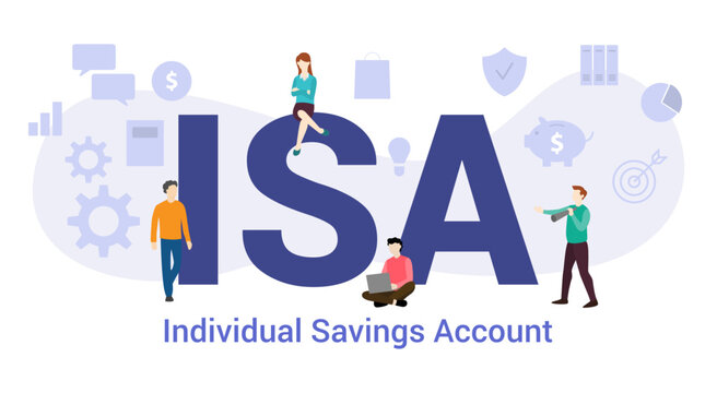 isa individual savings account concept with big word or text and team people with modern flat style - vector
