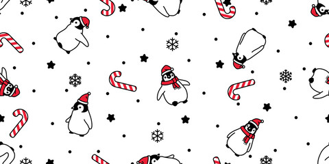 penguin seamless pattern Christmas vector Santa Claus hat candy cane scarf isolated repeat wallpaper tile background cartoon character illustration design © CNuisin
