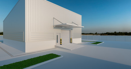 Fototapeta premium Commercial or industrial facade. That is a property use as factory, warehouse, hangar or workplace. Modern exterior design with roller door and metal wall. Stone brick paving at outdoor. 3d render.