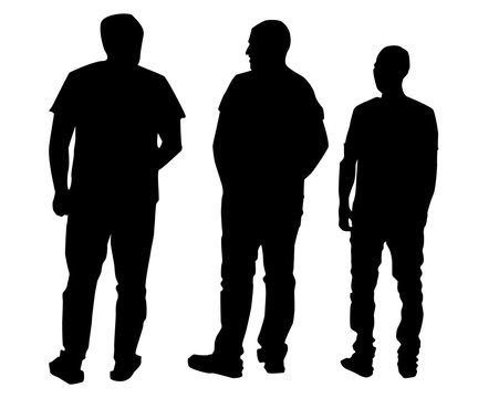 Vector illustration of three men sillouettes on the white background. Vector cartoon realistic people illustartion. Front view man, Side view man, Back side view man