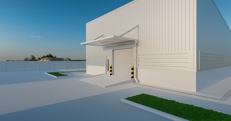 Commercial or industrial facade. That is a property use as factory, warehouse, hangar or workplace. Modern exterior design with roller door and metal wall. Stone brick paving at outdoor. 3d render. - obrazy, fototapety, plakaty