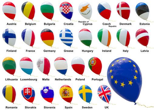 Flags of EU member states. A set of isolated 3D images of balloons with images of flags of EU member states are presented in alphabetical order.