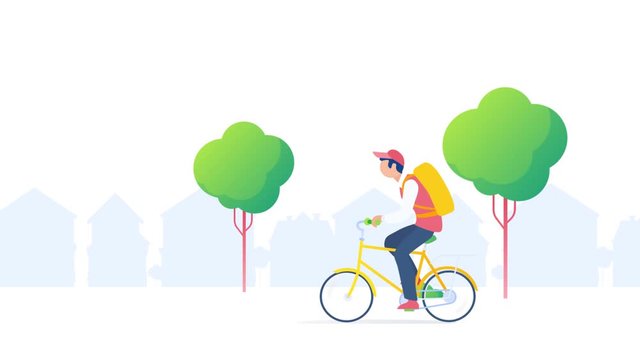 Delivery Courier with Package rides Bicycle Bike Flat design video concept.