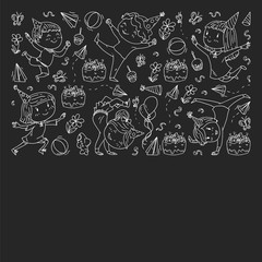 Vector illustration in cartoon style, active company of playful preschool kids jumping, at a party, birthday. monochrome chalk drawing on blackboard.