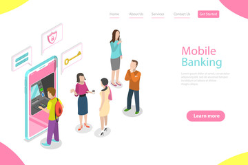 Isometric flat vector landing page template of mobile banking, protected money transaction, secure online shopping, bill payment.