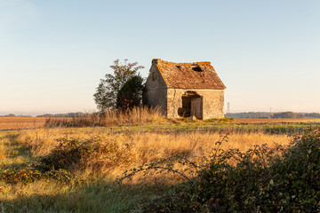 old ruin house abandonned sunset view field