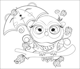 Coloring book owl with umbrella