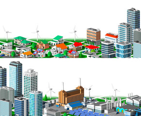 3d rendering split urban and residential and factory isometric white background