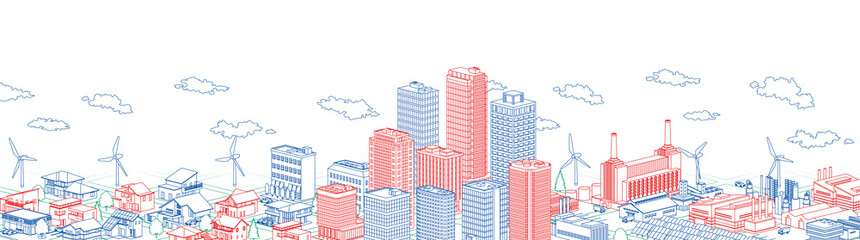 Urban, residential and factory isometric line drawing blue, red and blue sky
