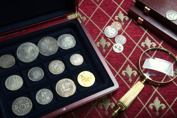 Antique coins and medals .Bonistics and numismatics collection.Magnifying glass, microscope.Russian Empire and world old money.Silver,gold.Vintage style