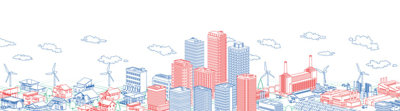 Urban, residential and factory isometric line drawing blue, red and blue sky
