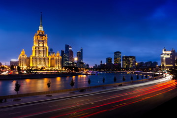 Obraz premium Hotel Ukraine and International Business Center. A high-rise in a city. Skyscrapers of Moscow.