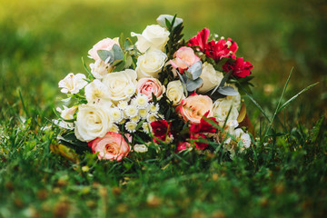 Wedding bridal bouquet.  Top view layout. Wedding background