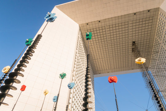 Paris, France - Sept 2, 2019: Modern culptures at the The Great Arc of the Defense, Paris, France.  Light Signals by Takis, La Defense, Paris.