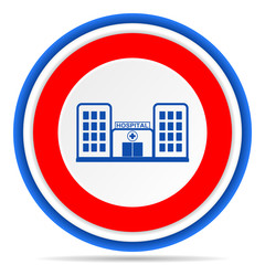 Hospital building round icon, red, blue and white french design illustration for web, internet and mobile applications