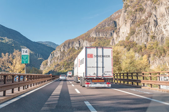 23 OCTOBER 2018, BOLZANO REGION, ITALY: Heavy Cargo truck on the mountain highway