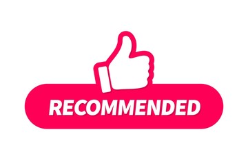Banner recommended with thumb up. Red web push button with text recommended isolated on white background.