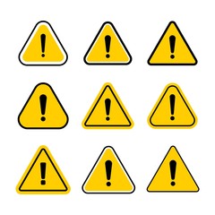 Hazard warning symbol set. Vector warning icons isolated on white background. Flat symbol with exclamation mark.