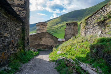Fototapeta na wymiar Traditional ancient Svan Towers in Ushguli village, Svaneti, Caucasus. Georgia. Travel.