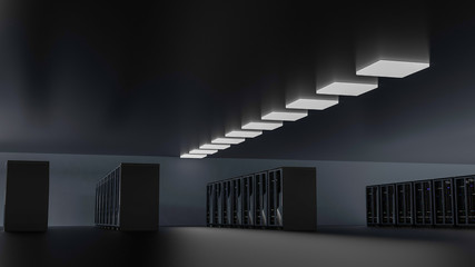 Server room data center. Backup, hosting, mainframe, farm and computer rack with storage information. 3d render