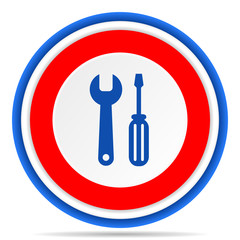 Tool round icon, red, blue and white french design illustration for web, internet and mobile applications