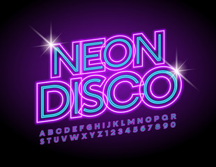 Vector illuminated emblem Neon Disco with glowing Alphabet. Rotated Neon Font. Colorful Letters, Numbers and Symbols.