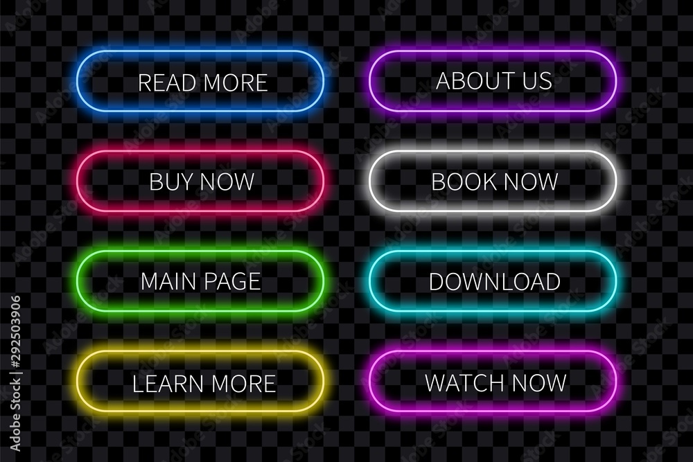 Poster Multicolored neon buttons for web design. Glowing neon buttons isolated on transparent background. Ready design for use in web direction.