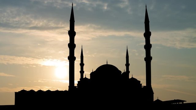 Ankara, April 2018: Kocatepe Mosque in Capital City of Turkey, Time Lapse at Sunrise with Colorful Clodus and Sky