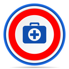 First aid round icon, red, blue and white french design illustration for web, internet and mobile applications