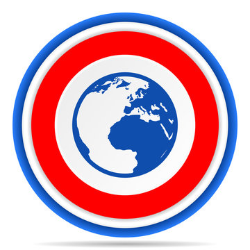Earth round icon, red, blue and white french design illustration for web, internet and mobile applications