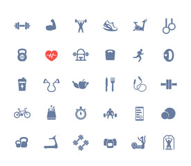 30 fitness icons, gym, workout, training and exercises